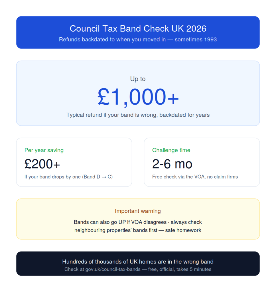Council Tax Band Check UK 2026 — typical refund £1,000+, free check via the VOA